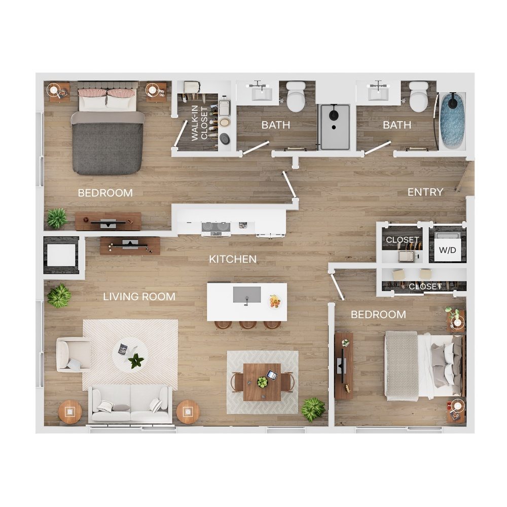 Rendering of the C2 floor plan with 2 bedroom[s] and 2 bathroom[s] at The Mercer