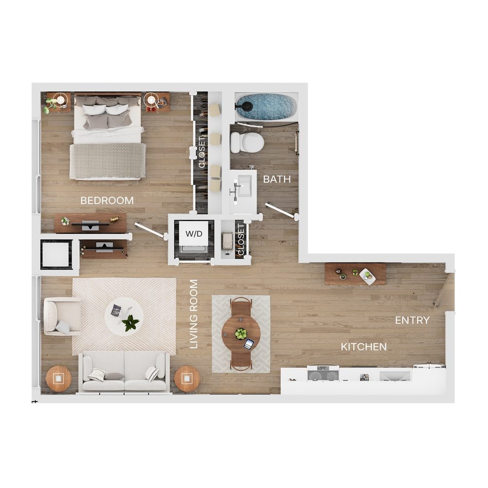 Rendering of the A4 floor plan with 1 bedroom[s] and 1 bathroom[s] at The Mercer