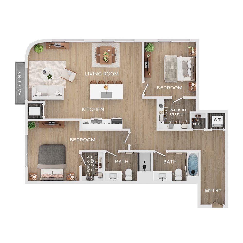 Rendering of the C6 floor plan with 2 bedroom[s] and 2 bathroom[s] at The Mercer