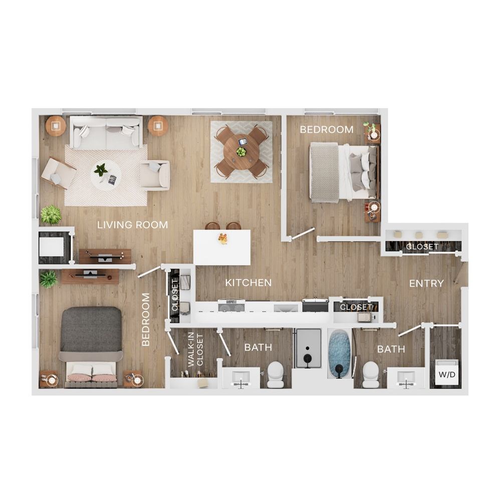 Rendering of the C4.1 floor plan with 2 bedroom[s] and 2 bathroom[s] at The Mercer