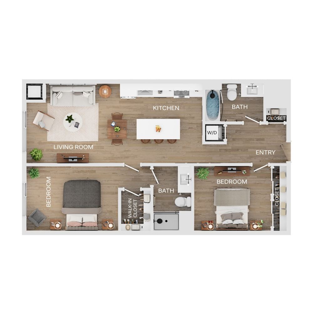Rendering of the C1HP floor plan with 2 bedroom[s] and 2 bathroom[s] at The Mercer