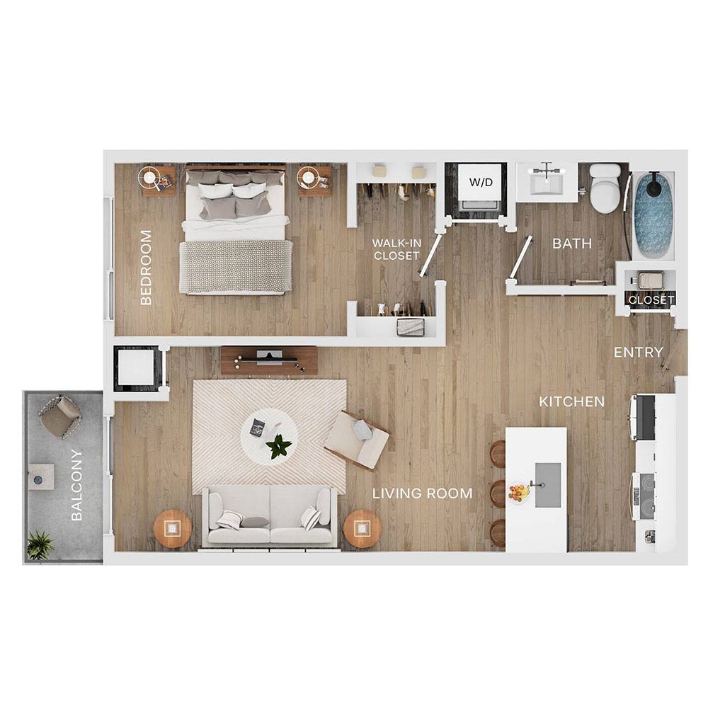 Rendering of the A9 floor plan with 1 bedroom[s] and 1 bathroom[s] at The Mercer