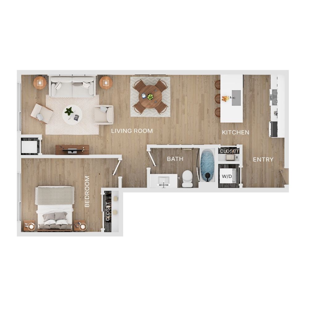 Rendering of the A12 floor plan with 1 bedroom[s] and 1 bathroom[s] at The Mercer