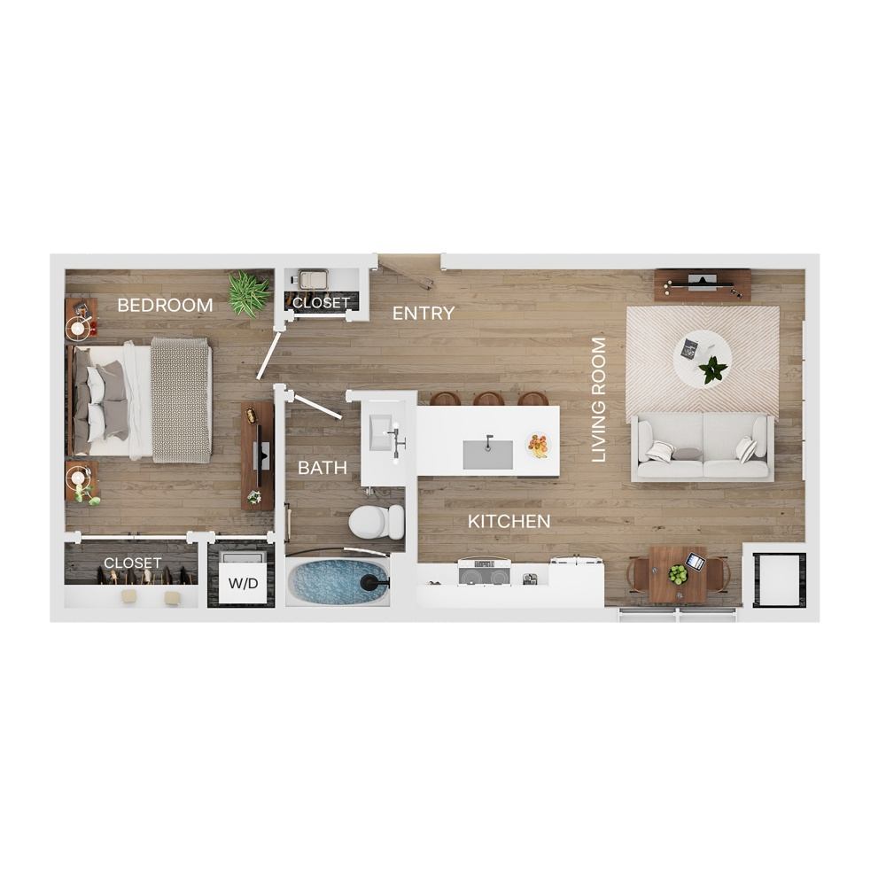 Rendering of the A3.1 floor plan with 1 bedroom[s] and 1 bathroom[s] at The Mercer