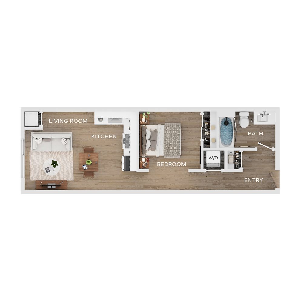 Rendering of the V2 floor plan with a Studio bedroom and 1 bathroom[s] at The Mercer