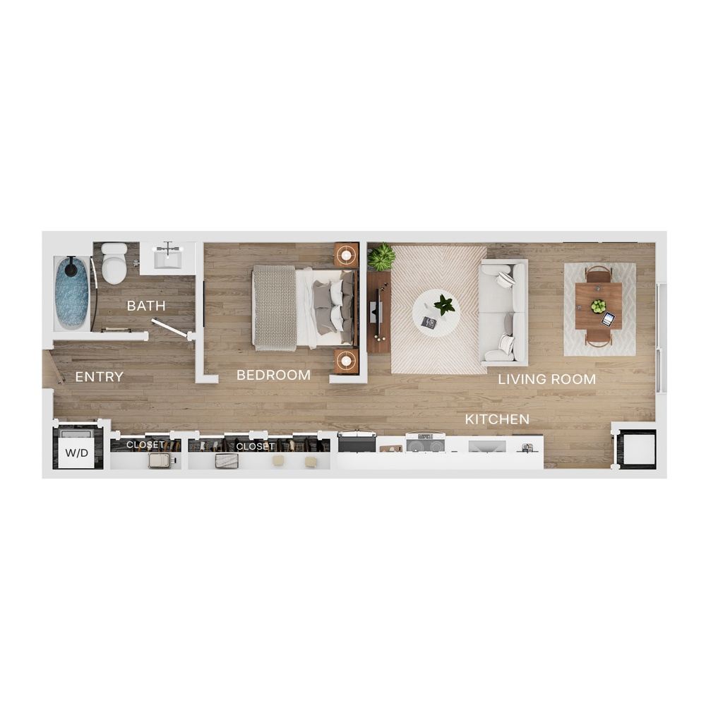Rendering of the V5.2 floor plan with 1 bedroom[s] and 1 bathroom[s] at The Mercer