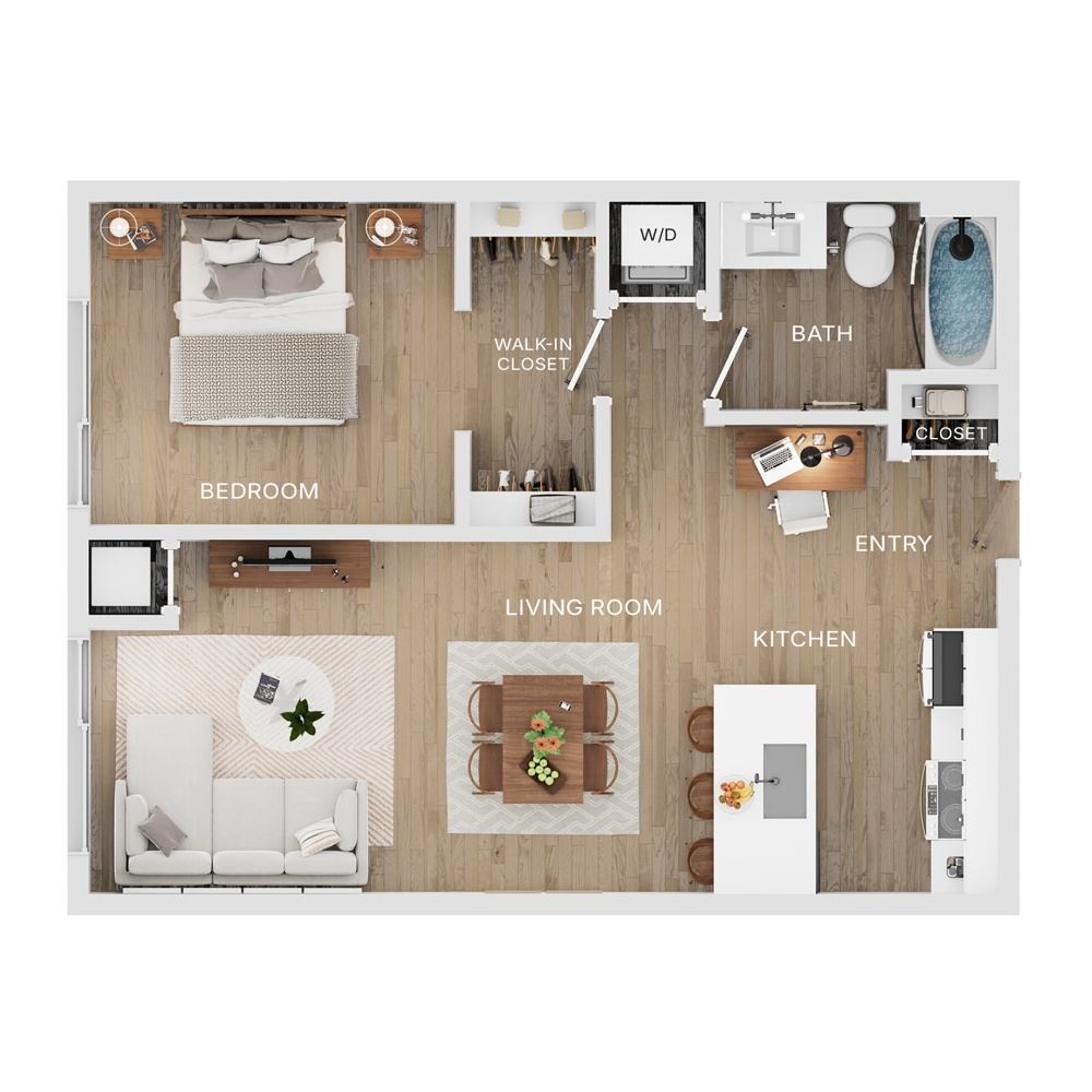 Rendering of the A8 floor plan with 1 bedroom[s] and 1 bathroom[s] at The Mercer