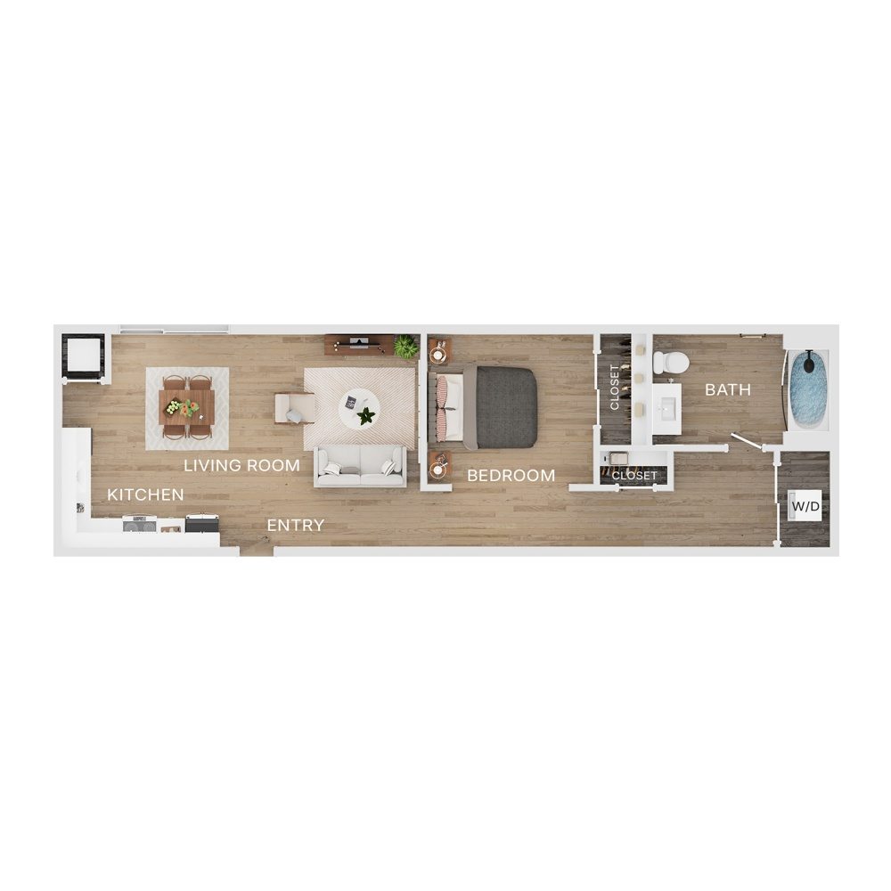 Rendering of the V6Ha floor plan with a Studio bedroom and 1 bathroom[s] at The Mercer