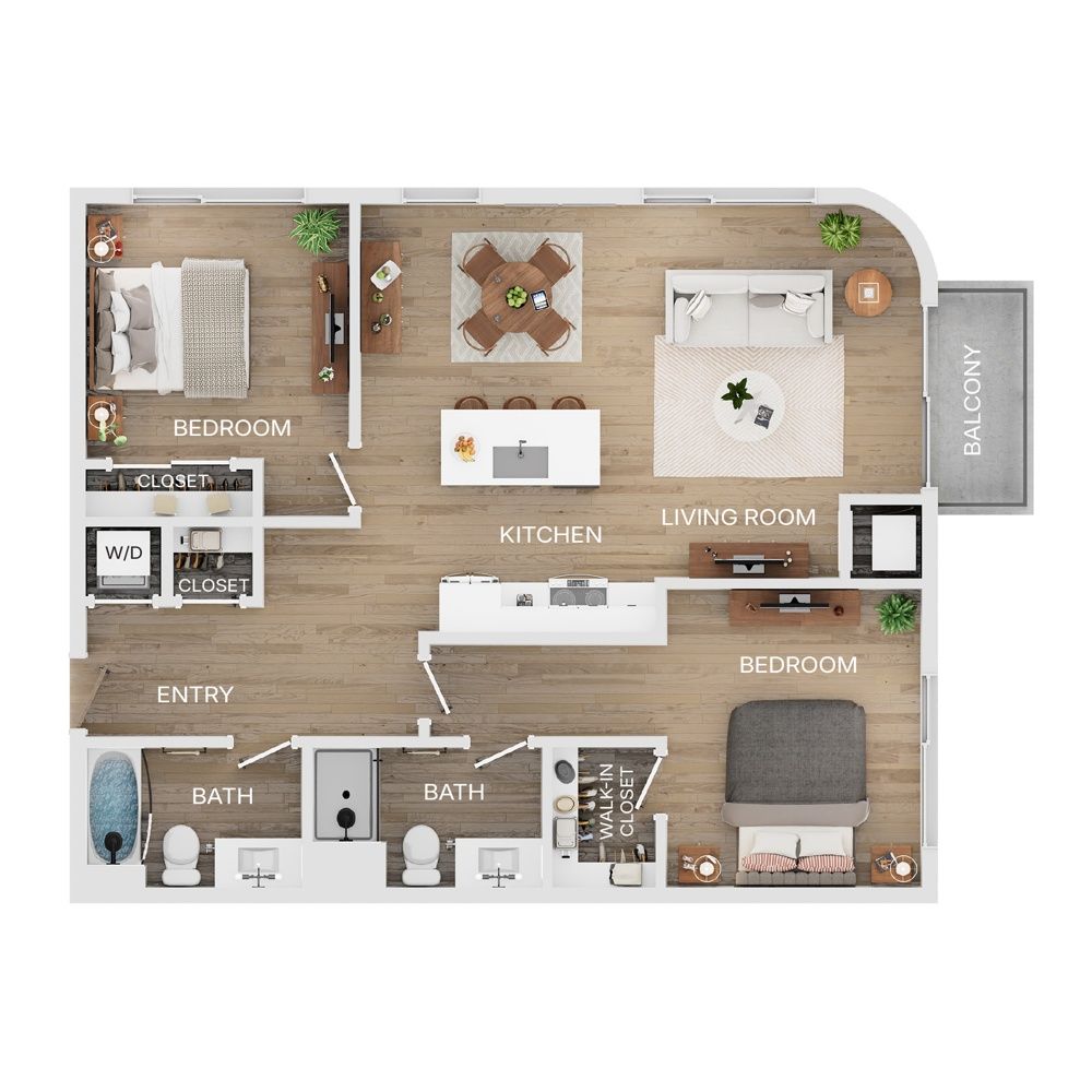 Rendering of the C3 floor plan with 2 bedroom[s] and 2 bathroom[s] at The Mercer