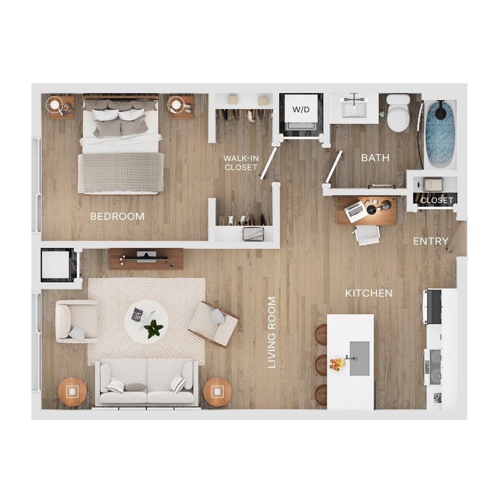 Rendering of the A7 floor plan with 1 bedroom[s] and 1 bathroom[s] at The Mercer