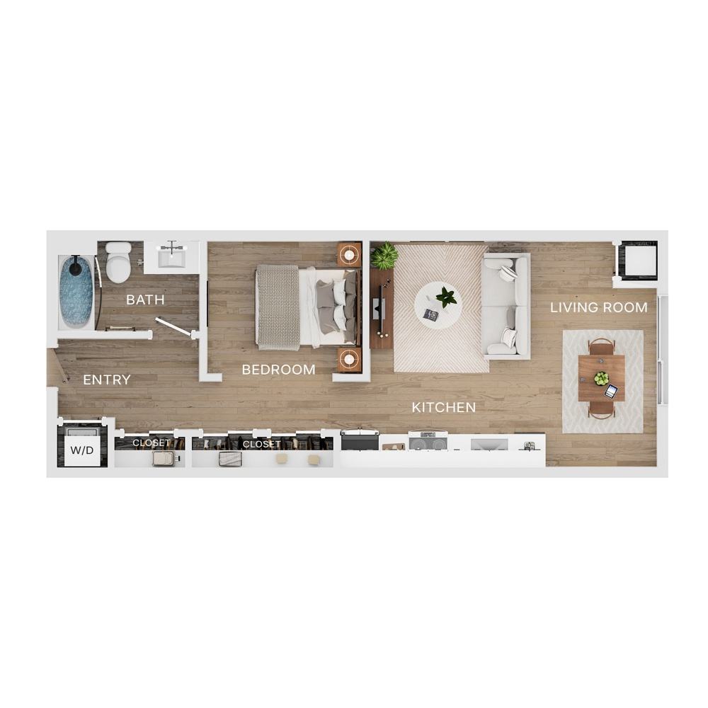 Rendering of the V4 floor plan with a Studio bedroom and 1 bathroom[s] at The Mercer