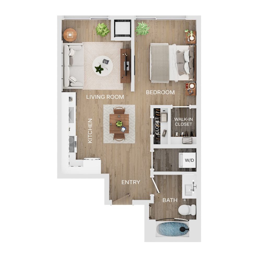 Rendering of the A2 floor plan with 1 bedroom[s] and 1 bathroom[s] at The Mercer