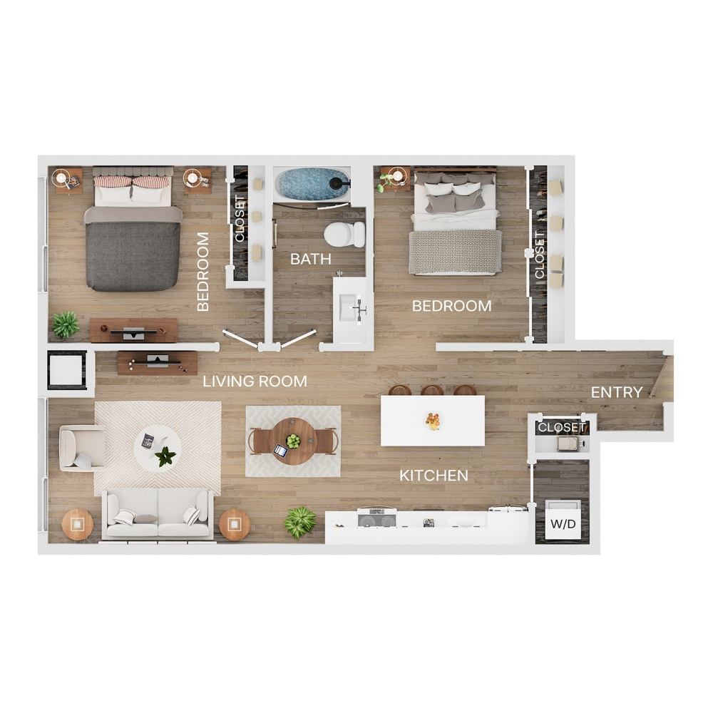 Rendering of the B3 floor plan with 2 bedroom[s] and 1 bathroom[s] at The Mercer
