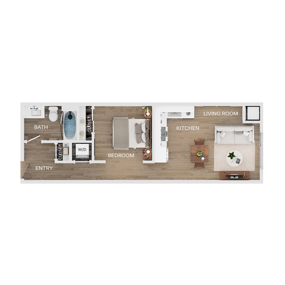 Rendering of the V1a floor plan with a Studio bedroom and 1 bathroom[s] at The Mercer