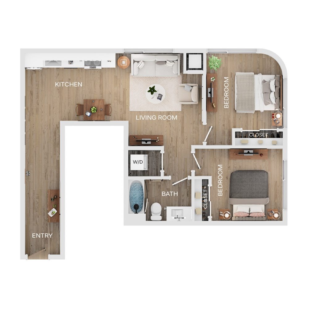 Rendering of the B2 floor plan with 2 bedroom[s] and 1 bathroom[s] at The Mercer