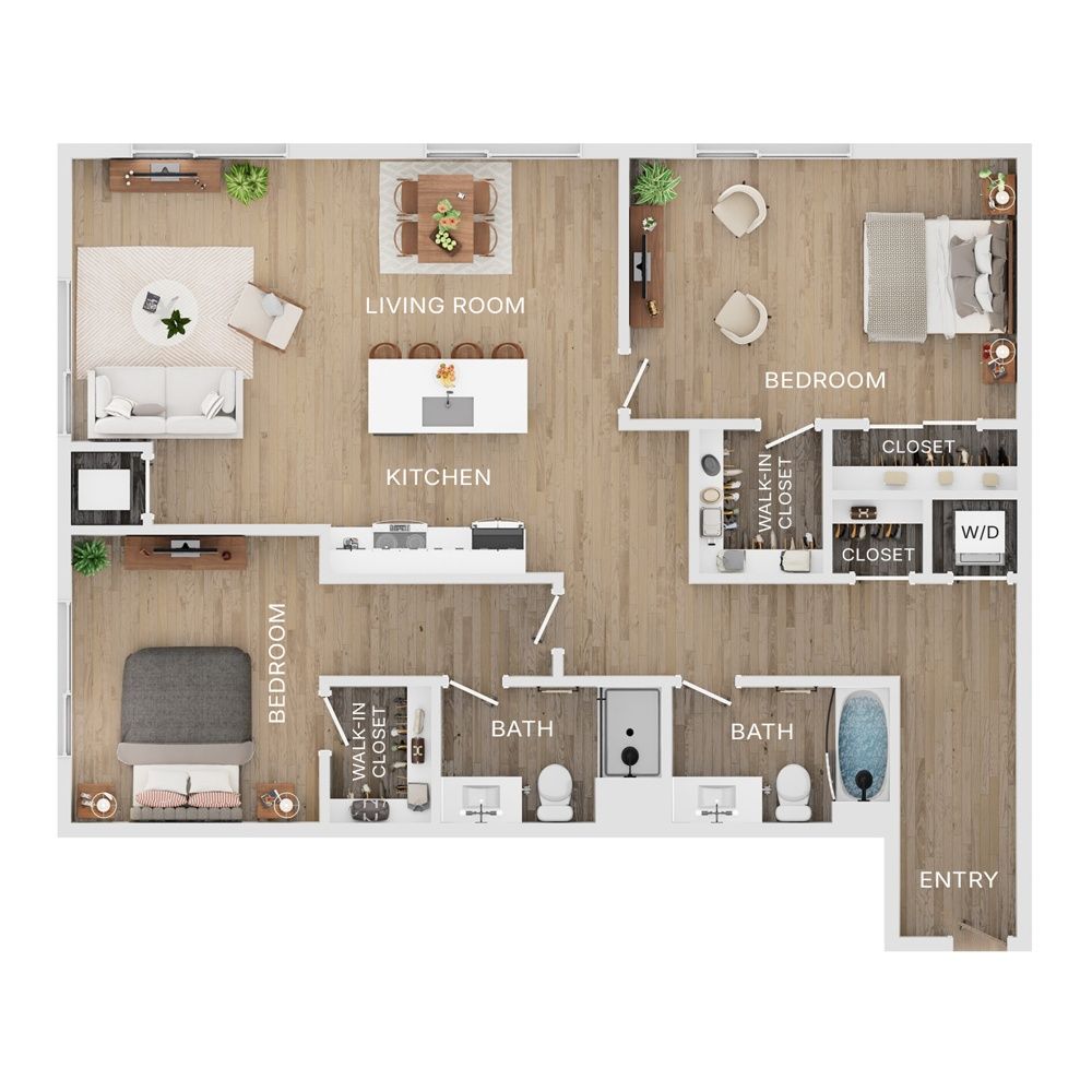 Rendering of the C5.1 floor plan with 2 bedroom[s] and 2 bathroom[s] at The Mercer
