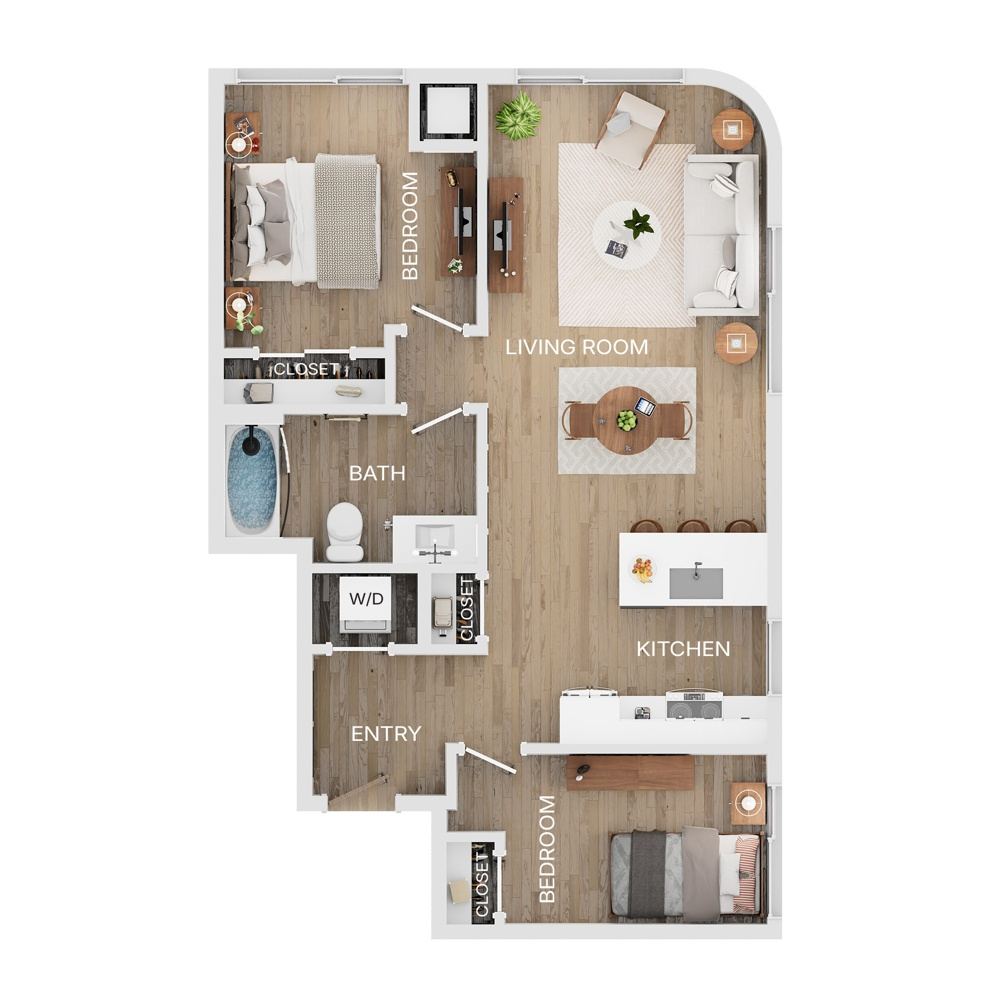 Rendering of the B1 floor plan with 2 bedroom[s] and 1 bathroom[s] at The Mercer