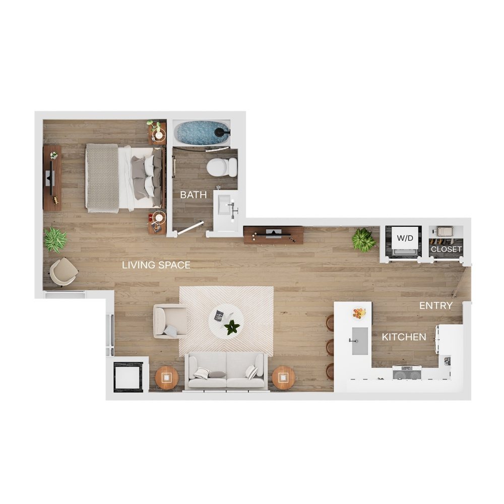 Rendering of the A5Ha floor plan with 1 bedroom[s] and 1 bathroom[s] at The Mercer